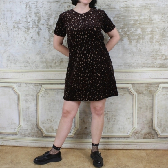 Vintage 1990s Shift Dress Leopard Print Velour Velvet Jumper Brown Grunge VTG - Picture 9 of 9